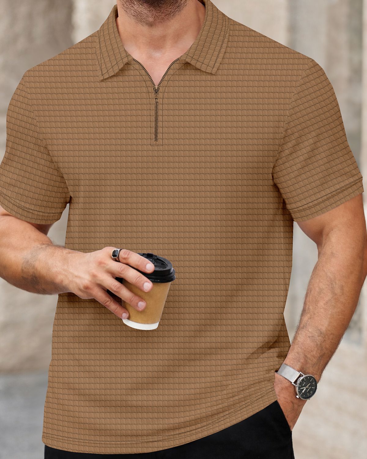 Men’s Premium Textured Grid Quarter-Zip Polo T-Shirt