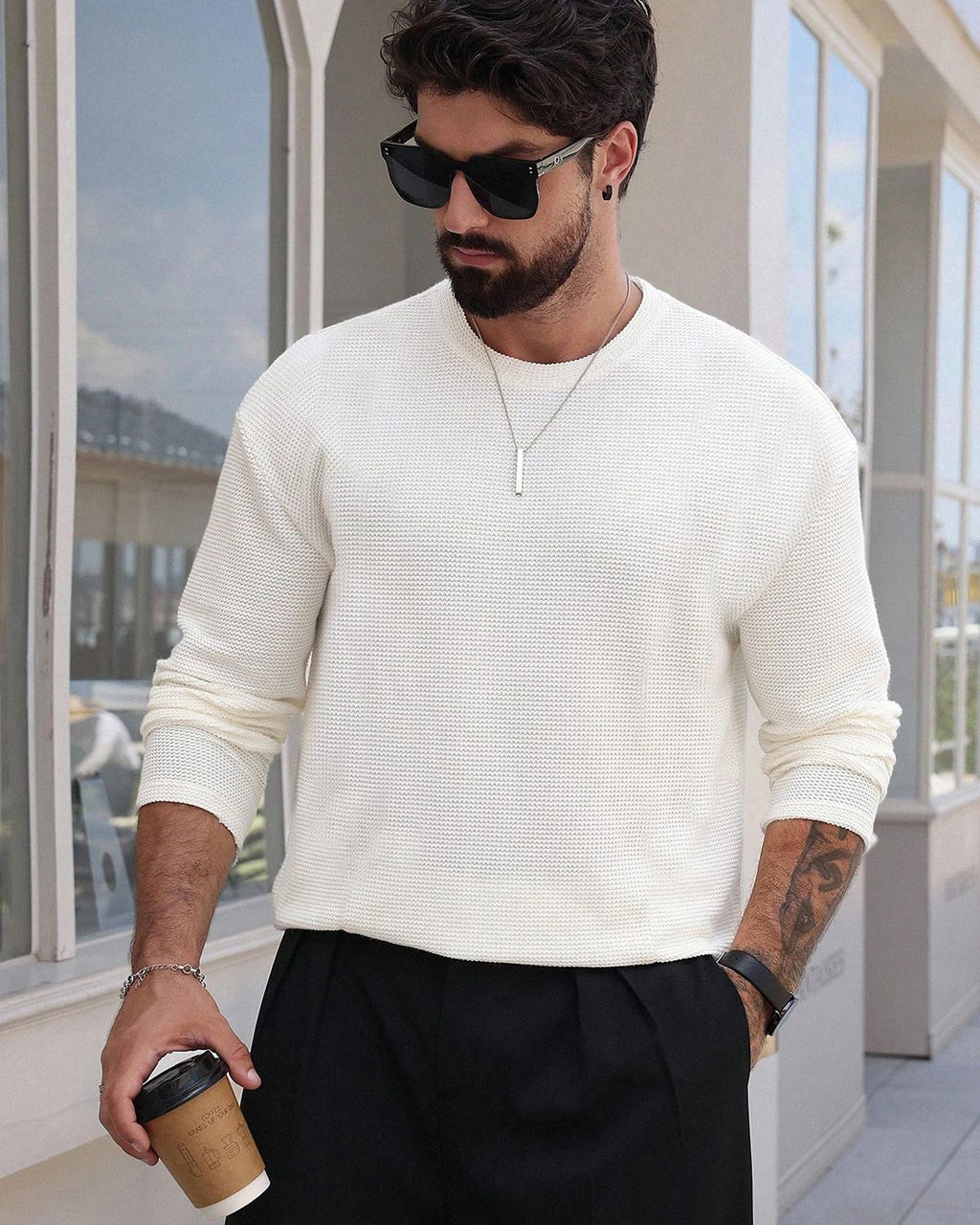 FINGERCROS Men's Premium Waffle Knit Full Sleeve T-Shirt