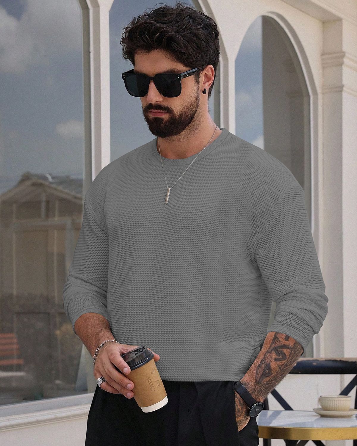 FINGERCROS Men's Premium Waffle Knit Full Sleeve T-Shirt