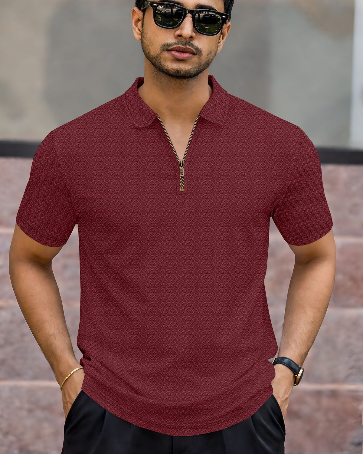 Men’s Textured Knit Quarter-Zip Polo T-Shirt