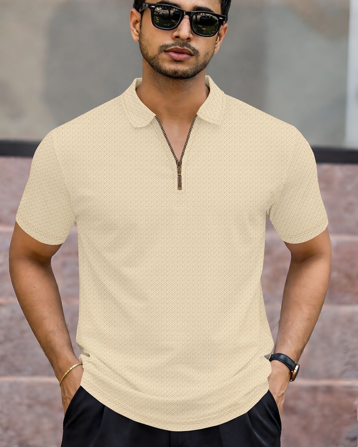 Men’s Textured Knit Quarter-Zip Polo T-Shirt