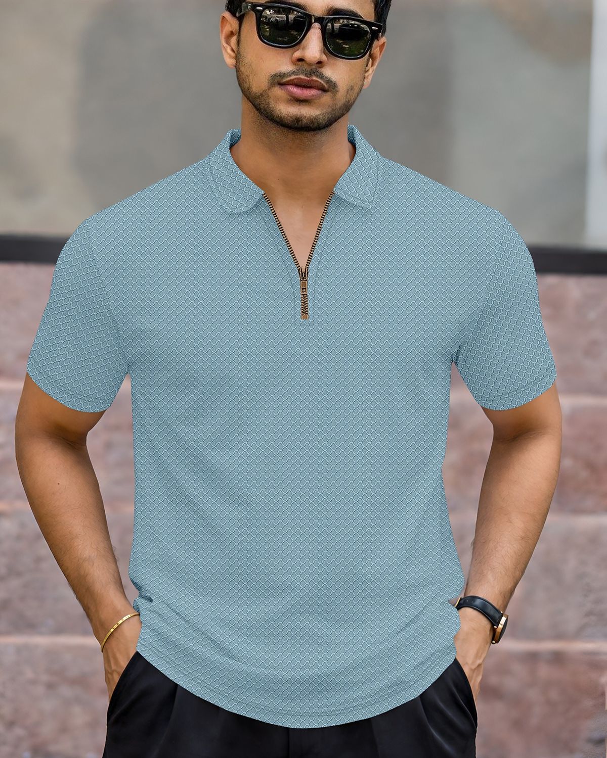 Men’s Textured Knit Quarter-Zip Polo T-Shirt