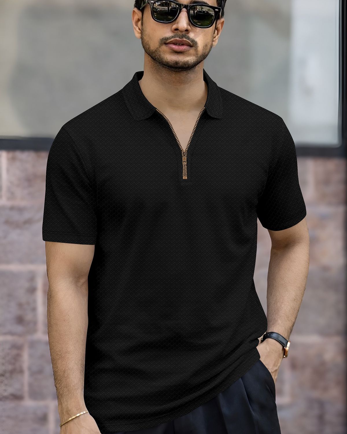 Men’s Textured Knit Quarter-Zip Polo T-Shirt