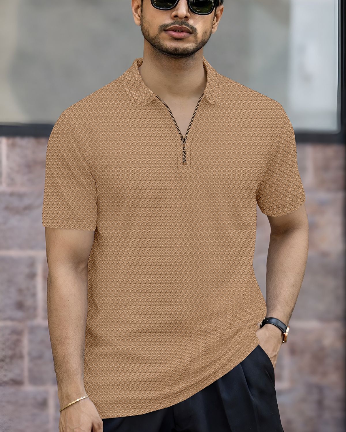 Men’s Textured Knit Quarter-Zip Polo T-Shirt