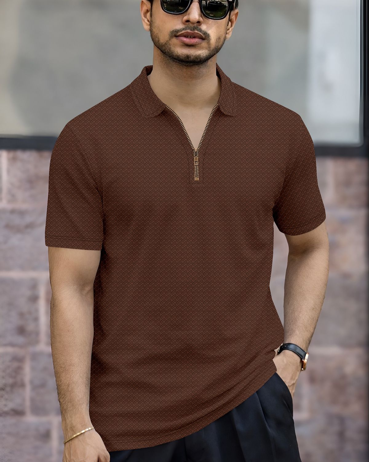 Men’s Textured Knit Quarter-Zip Polo T-Shirt