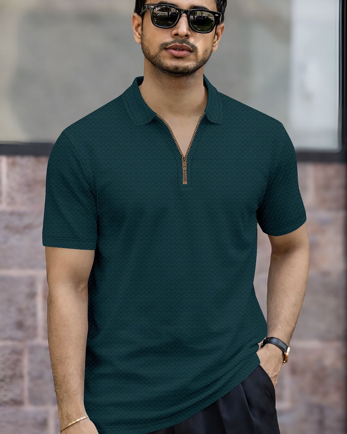 Men’s Textured Knit Quarter-Zip Polo T-Shirt