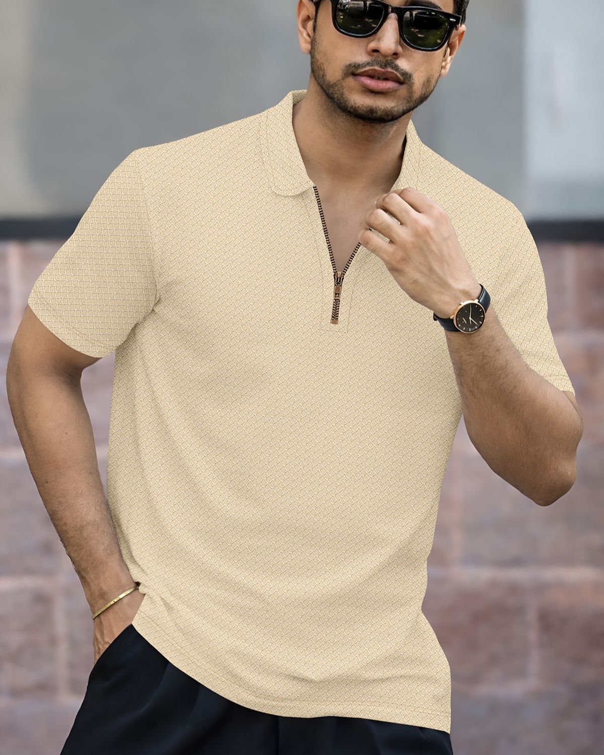 Men’s Textured Knit Quarter-Zip Polo T-Shirt