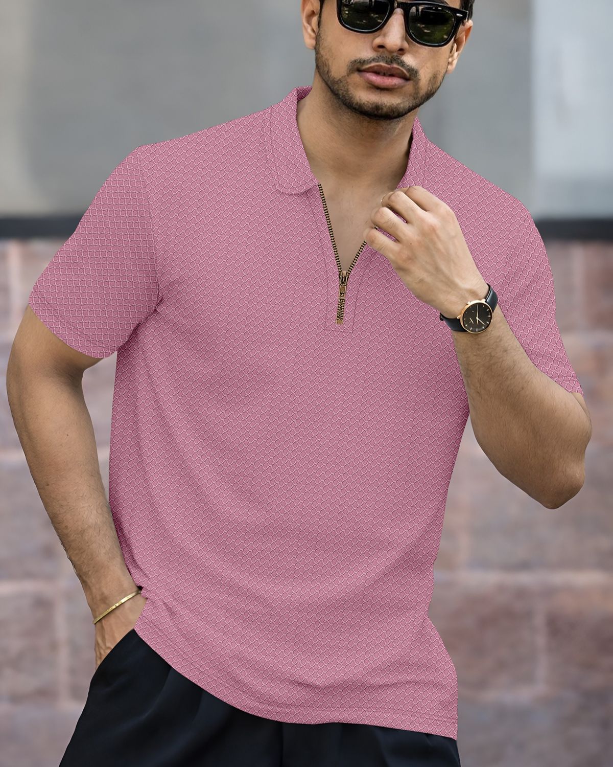 Men’s Textured Knit Quarter-Zip Polo T-Shirt