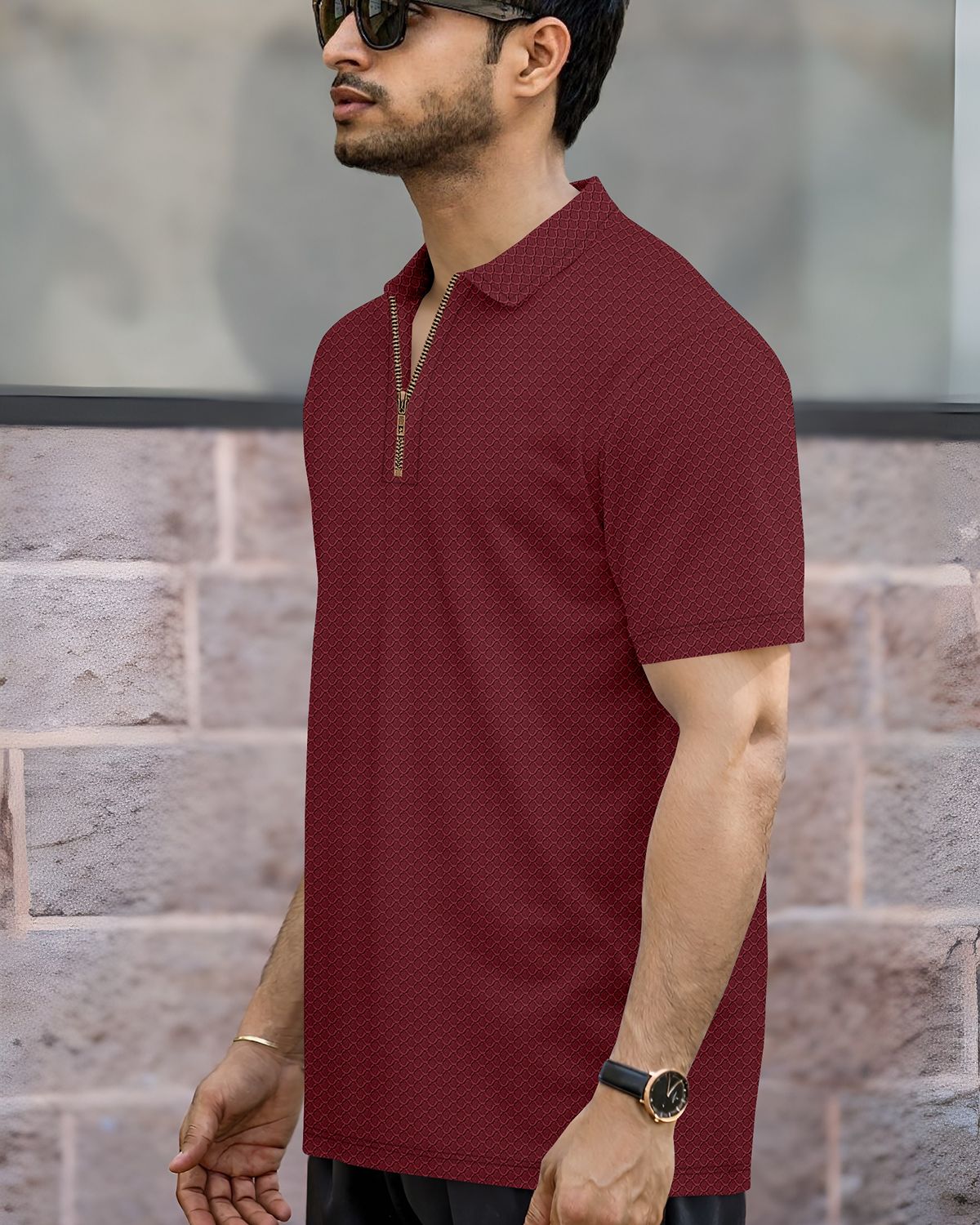 Men’s Textured Knit Quarter-Zip Polo T-Shirt