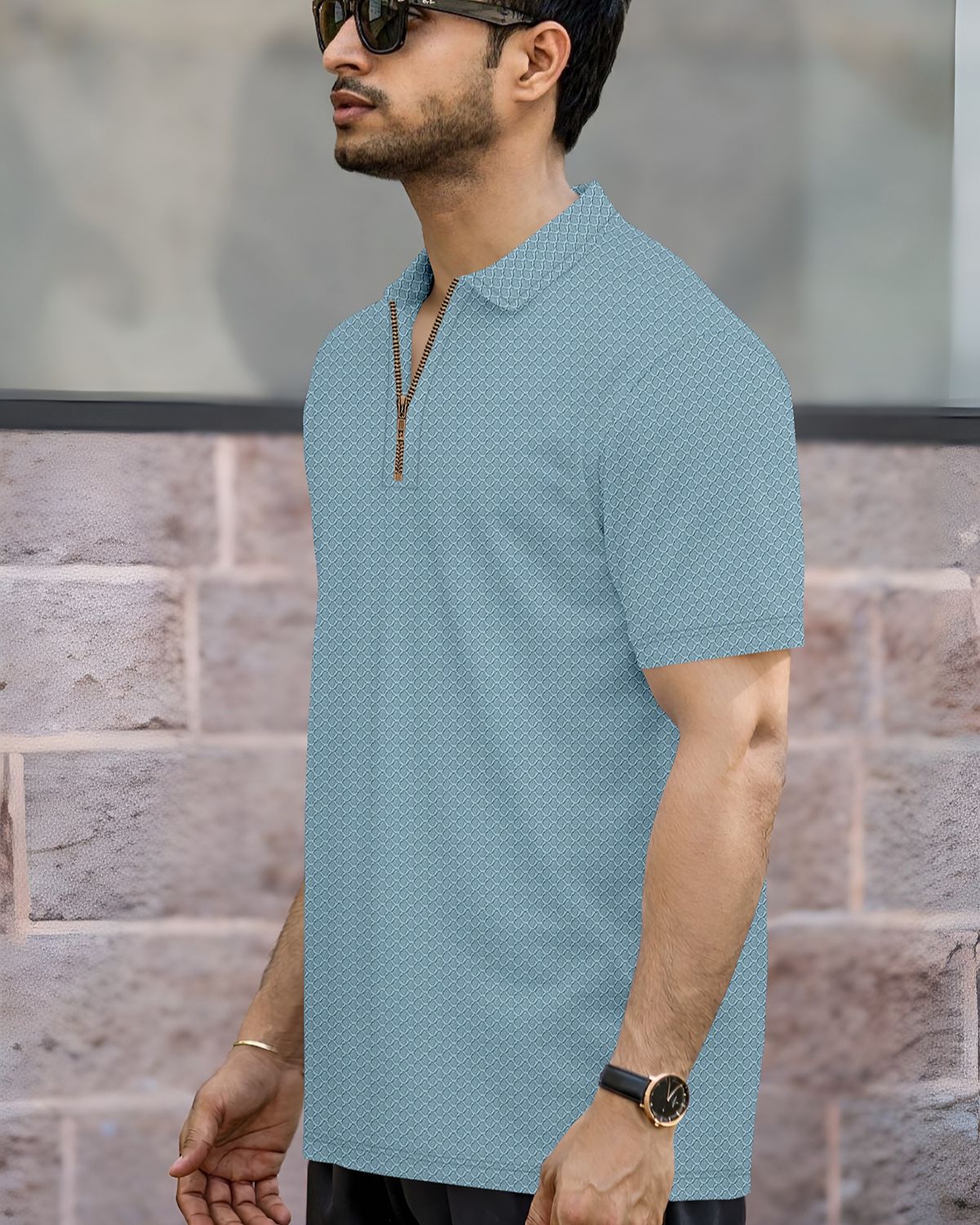 Men’s Textured Knit Quarter-Zip Polo T-Shirt