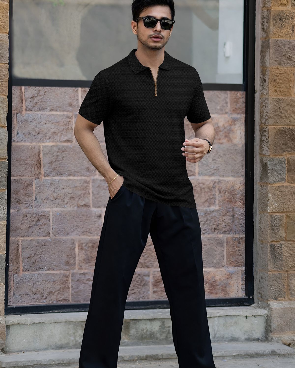 Men’s Textured Knit Quarter-Zip Polo T-Shirt