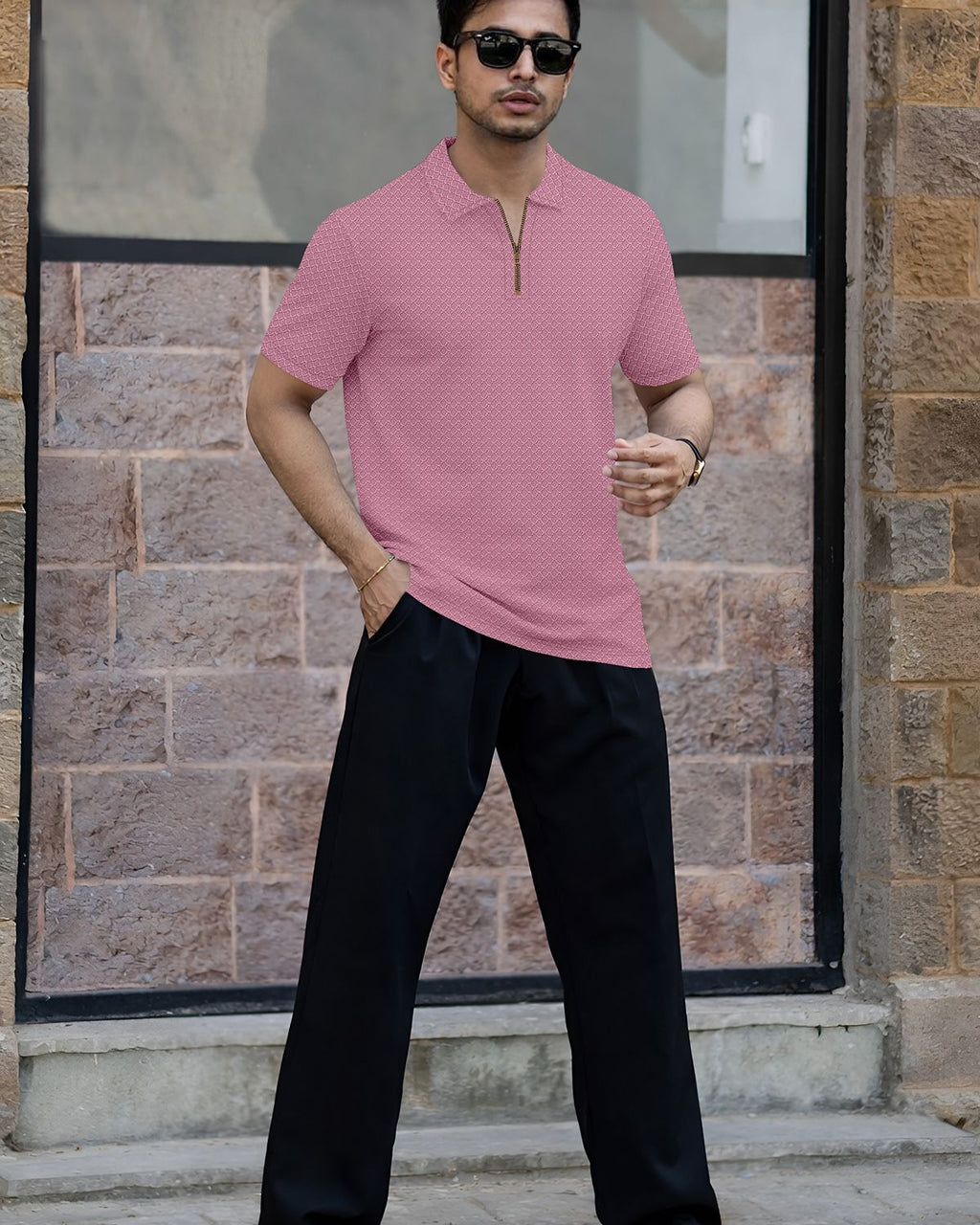 Men’s Textured Knit Quarter-Zip Polo T-Shirt