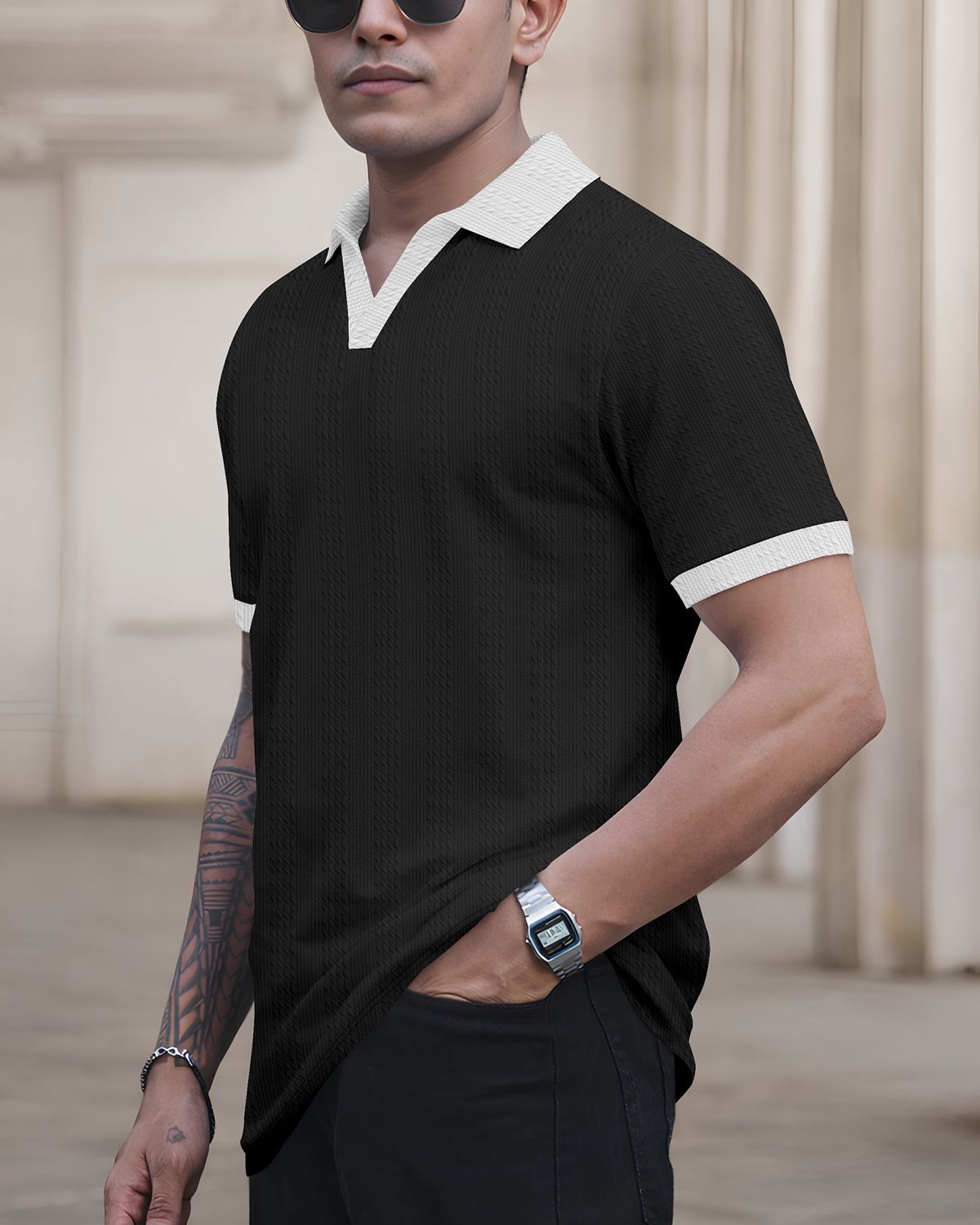 FINGERCROS Elevated Texture Men’s Premium Ribbed Polo Neck T-Shirt