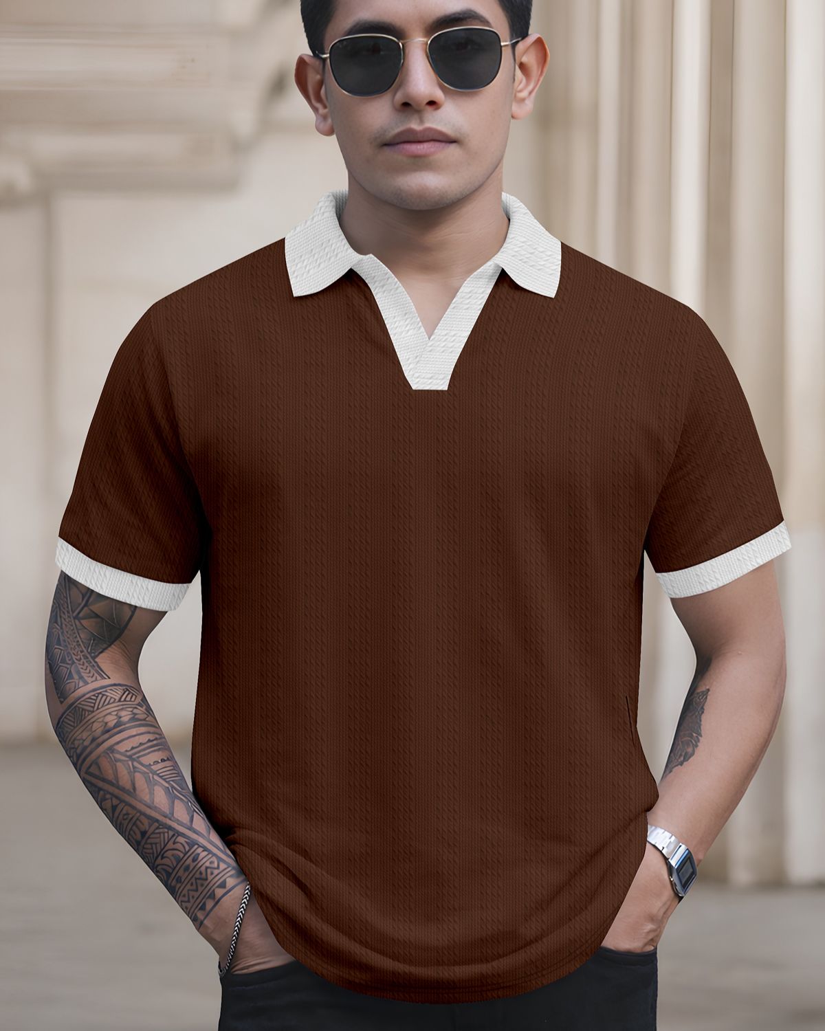 FINGERCROS Elevated Texture Men’s Premium Ribbed Polo Neck T-Shirt