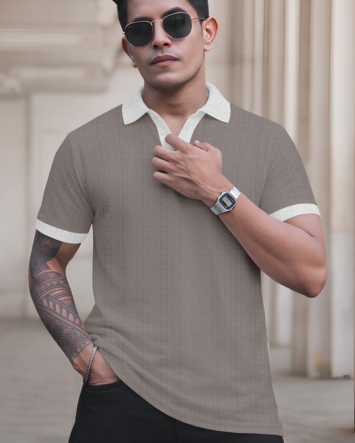 FINGERCROS Elevated Texture Men’s Premium Ribbed Polo Neck T-Shirt