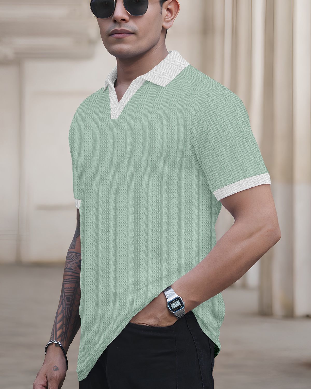 FINGERCROS Elevated Texture Men’s Premium Ribbed Polo Neck T-Shirt