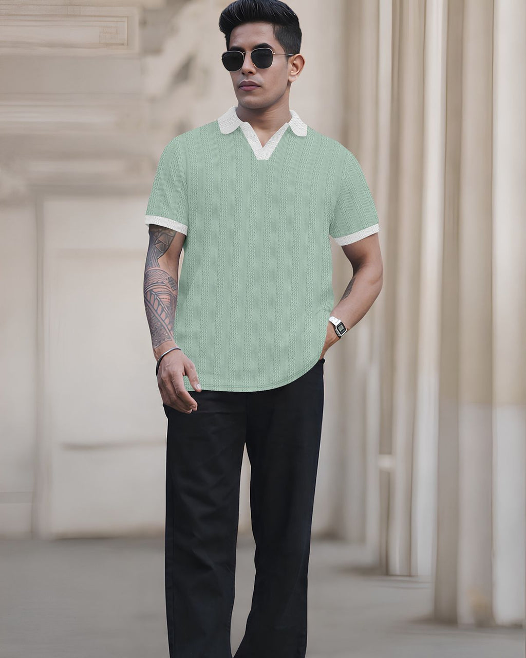 FINGERCROS Elevated Texture Men’s Premium Ribbed Polo Neck T-Shirt