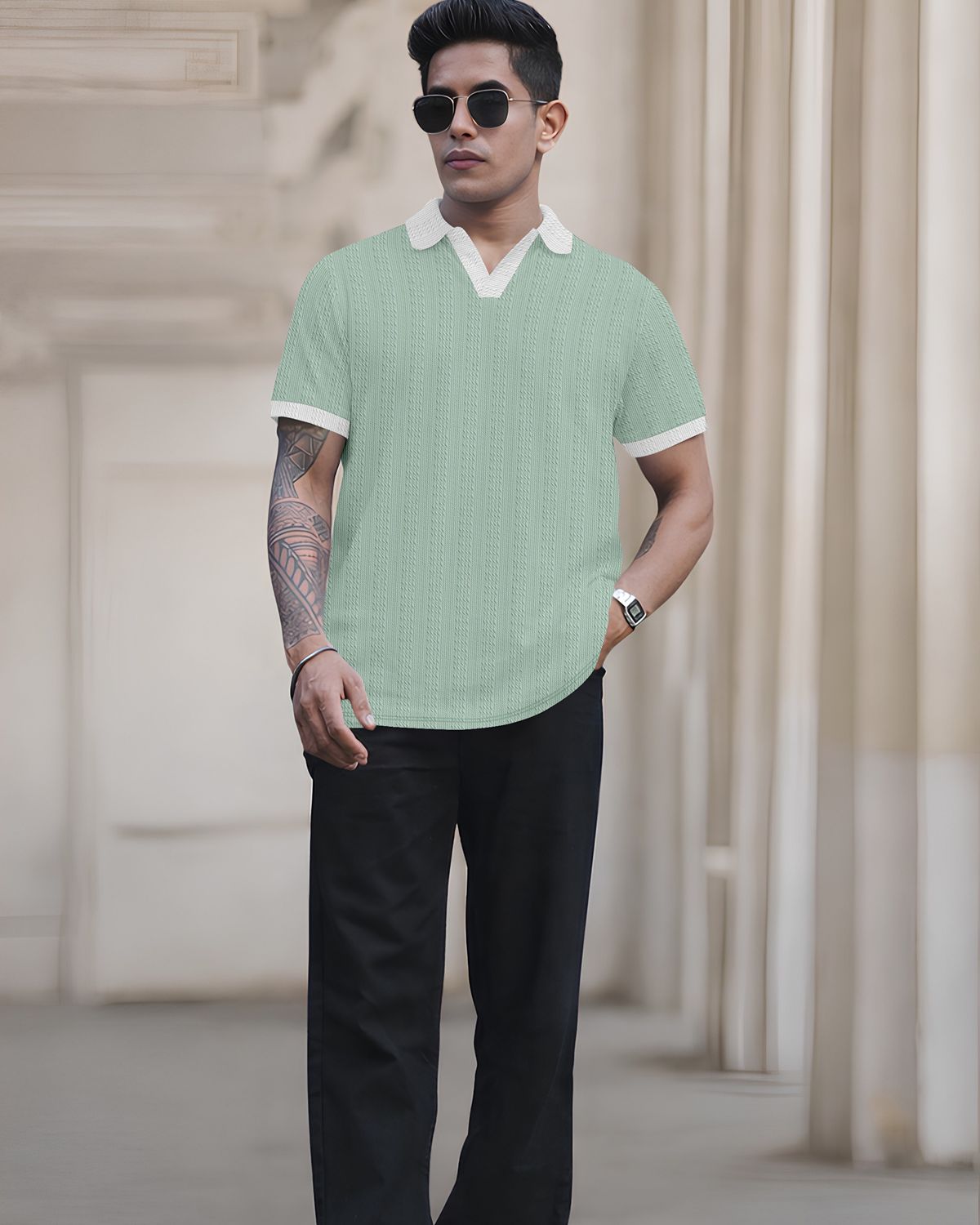 FINGERCROS Elevated Texture Men’s Premium Ribbed Polo Neck T-Shirt