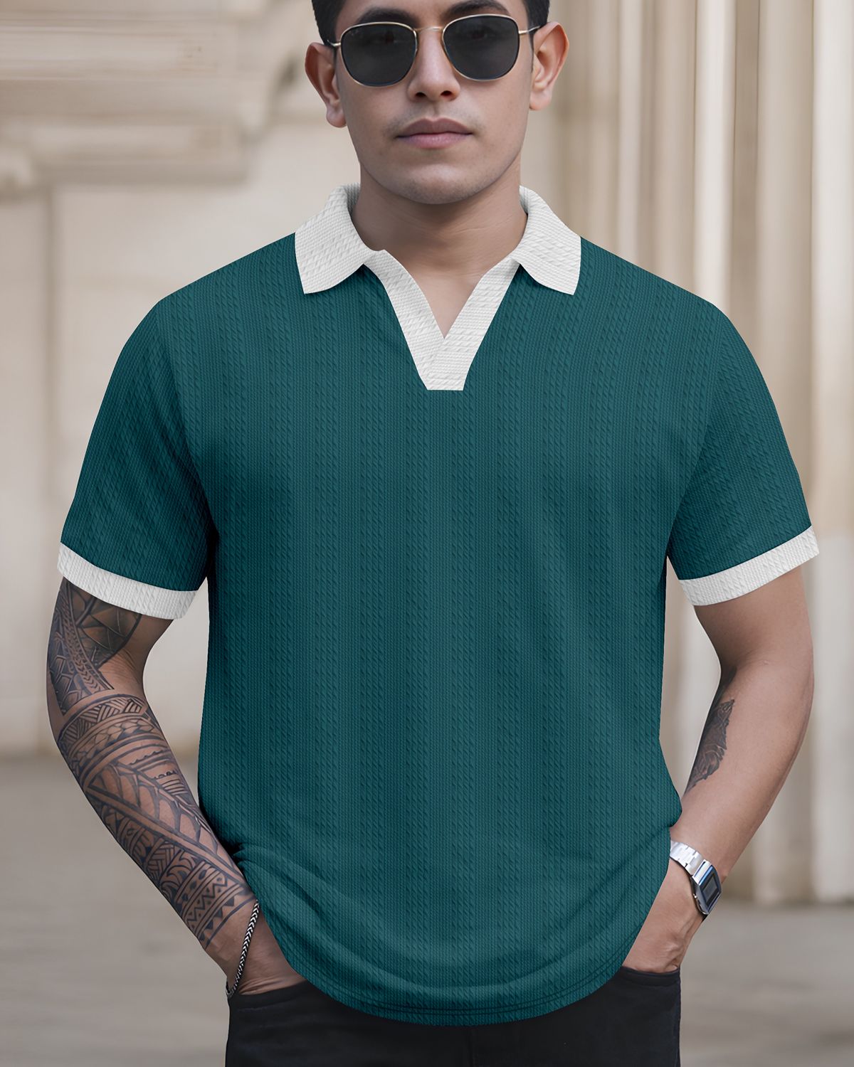 FINGERCROS Elevated Texture Men’s Premium Ribbed Polo Neck T-Shirt