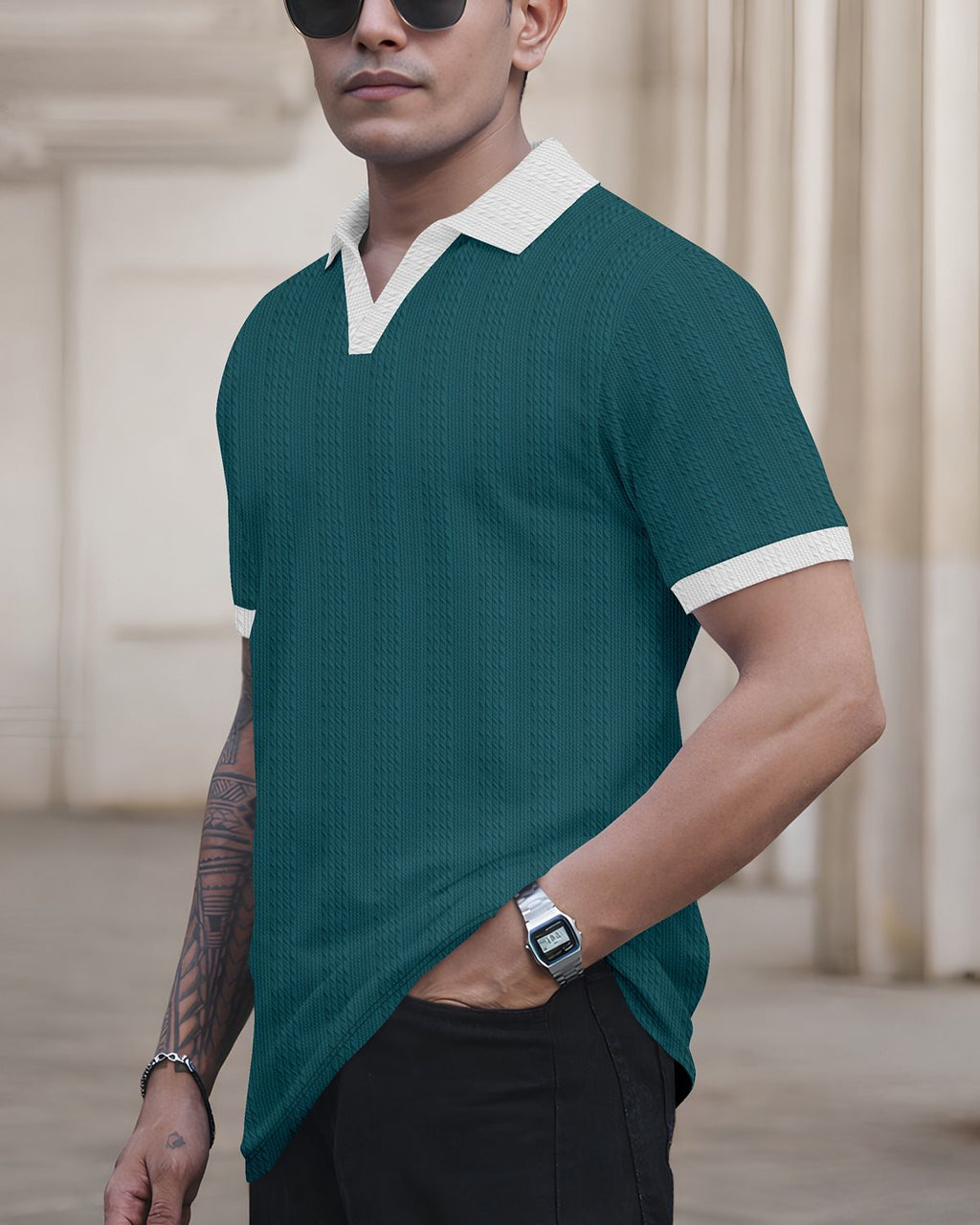 FINGERCROS Elevated Texture Men’s Premium Ribbed Polo Neck T-Shirt