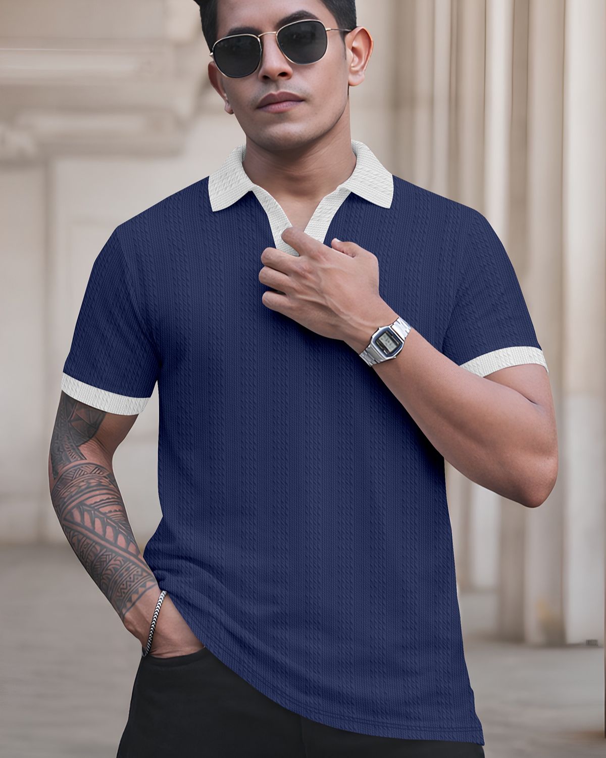 FINGERCROS Elevated Texture Men’s Premium Ribbed Polo Neck T-Shirt