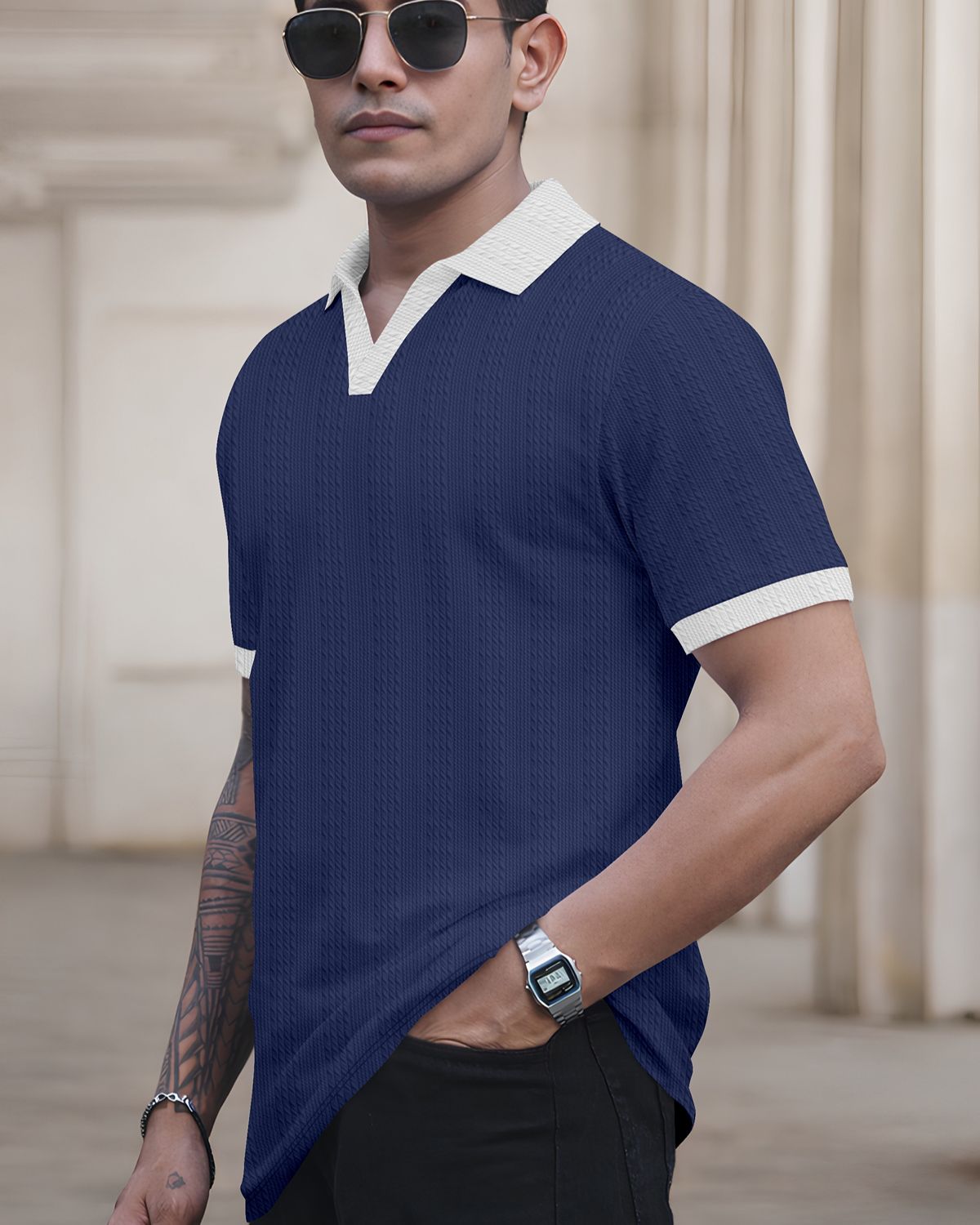 FINGERCROS Elevated Texture Men’s Premium Ribbed Polo Neck T-Shirt