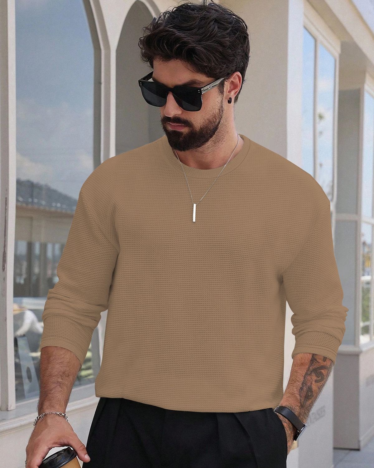 FINGERCROS Men's Premium Waffle Knit Full Sleeve T-Shirt