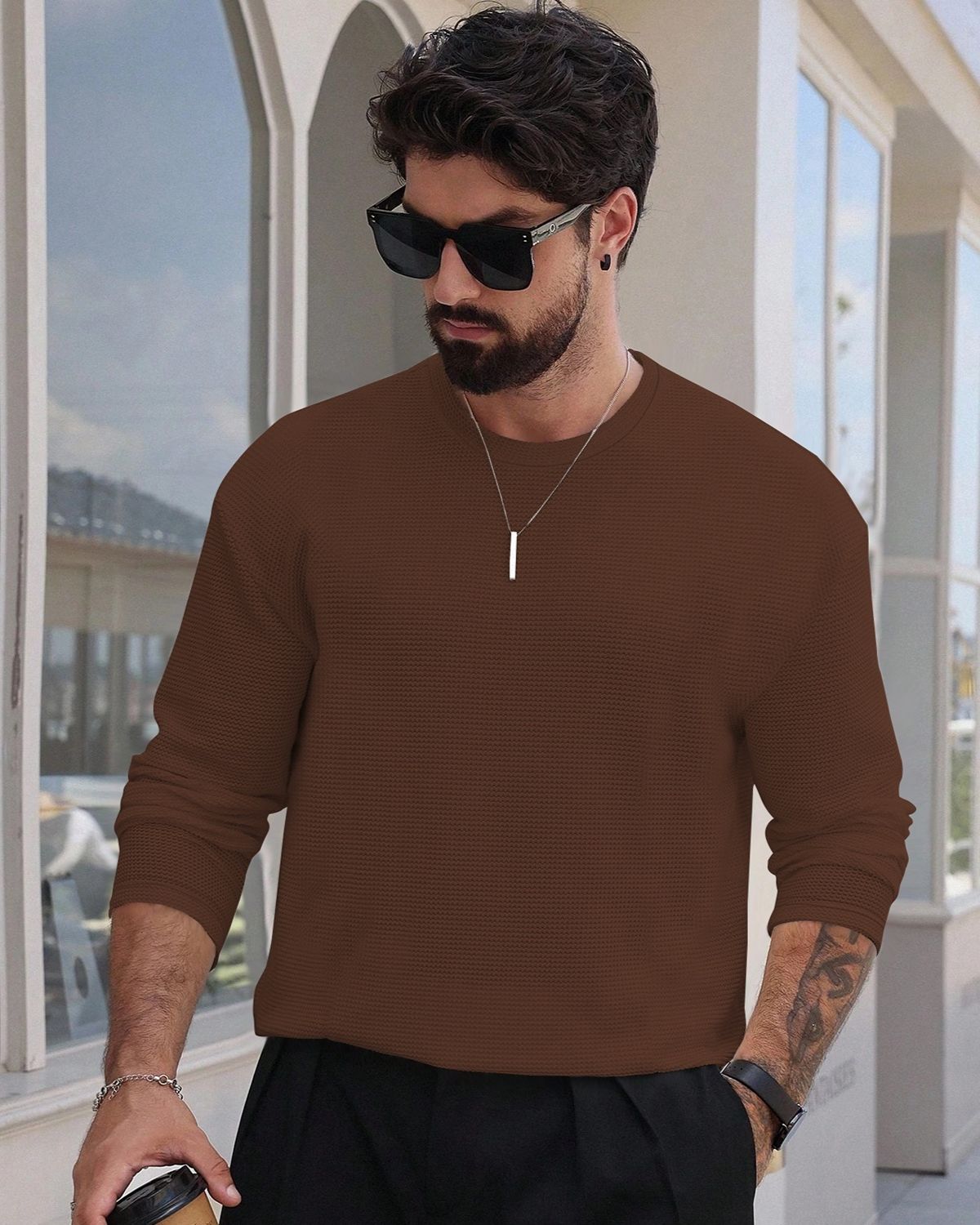 FINGERCROS Men's Premium Waffle Knit Full Sleeve T-Shirt