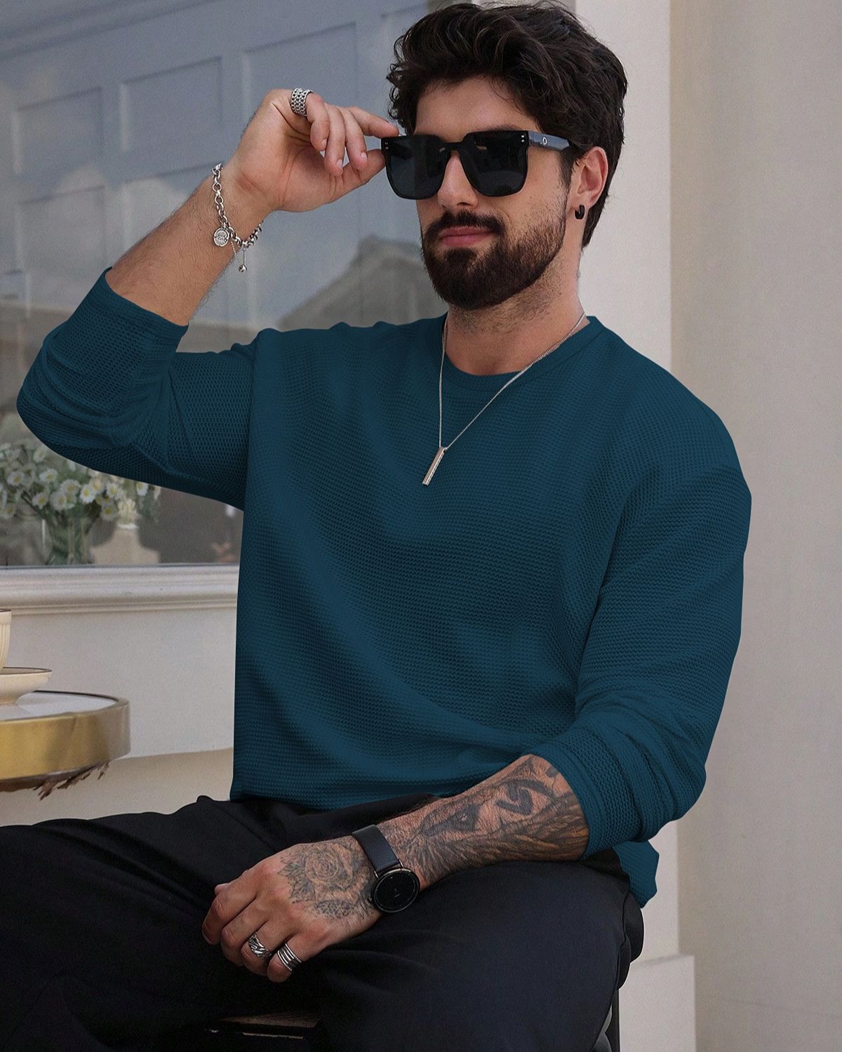 FINGERCROS Men's Premium Waffle Knit Full Sleeve T-Shirt