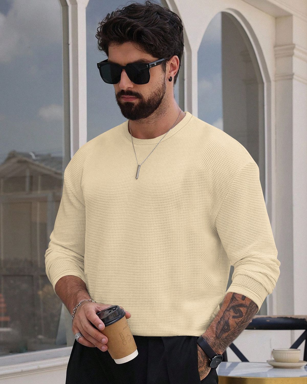 FINGERCROS Men's Premium Waffle Knit Full Sleeve T-Shirt