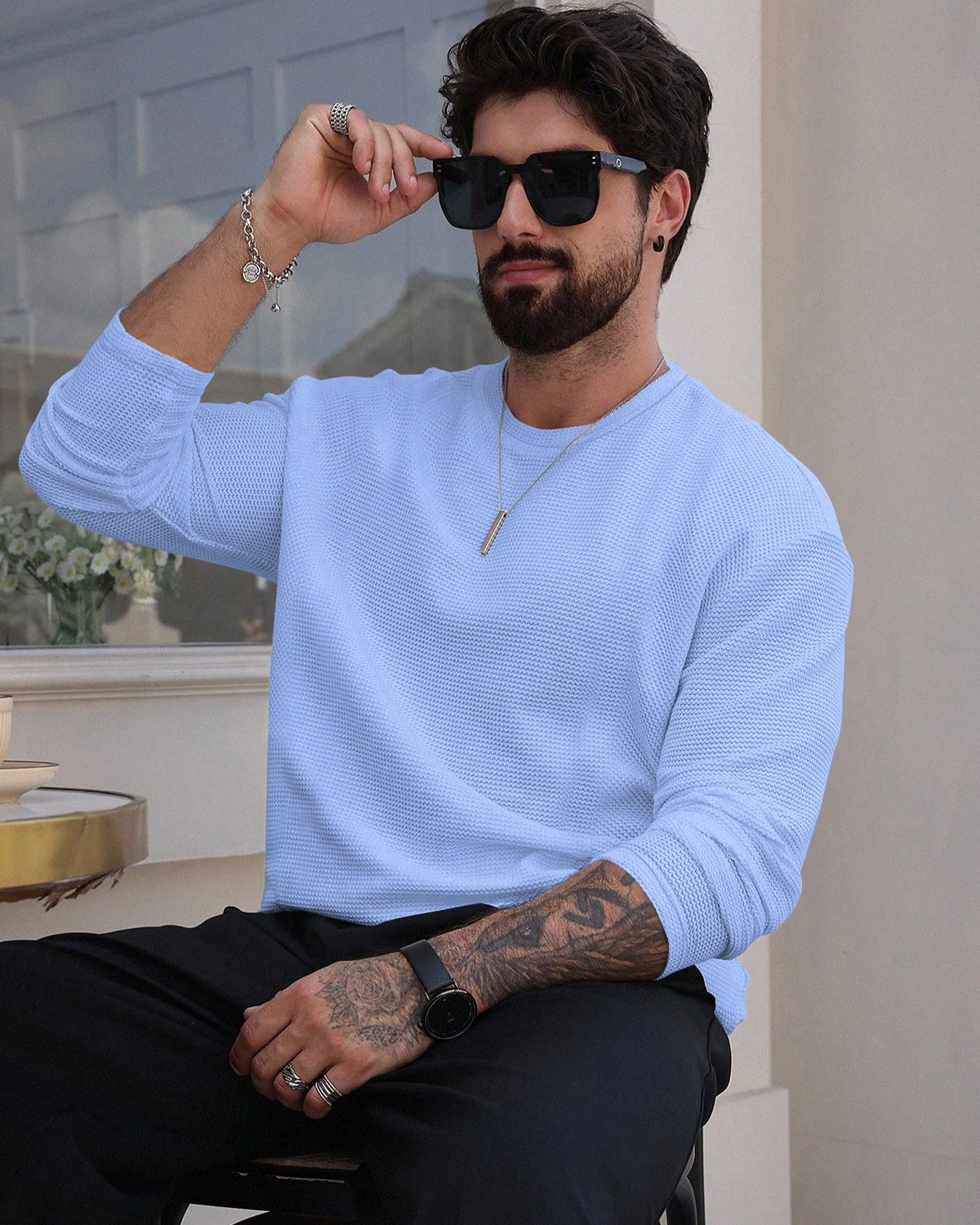 FINGERCROS Men's Premium Waffle Knit Full Sleeve T-Shirt