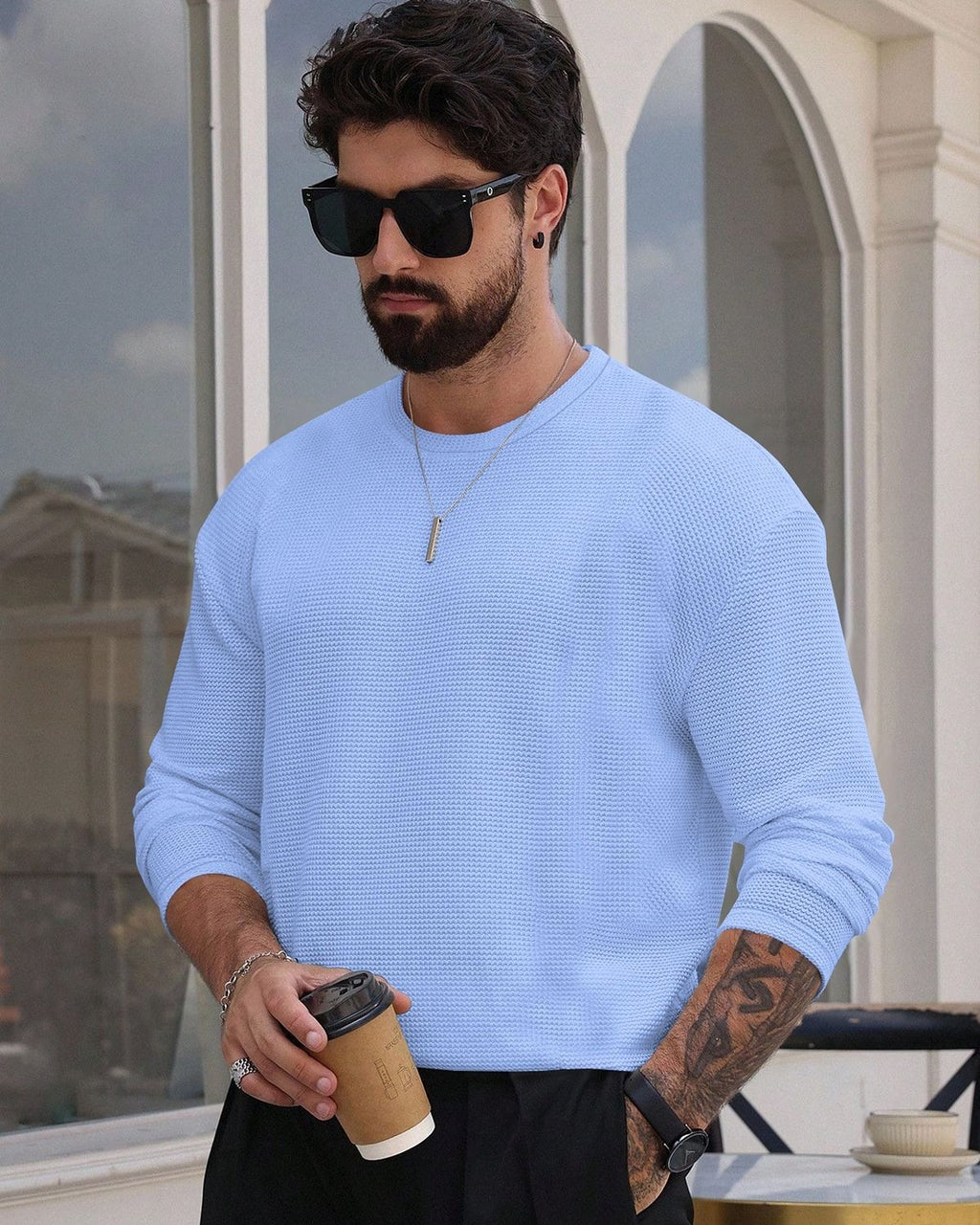 FINGERCROS Men's Premium Waffle Knit Full Sleeve T-Shirt