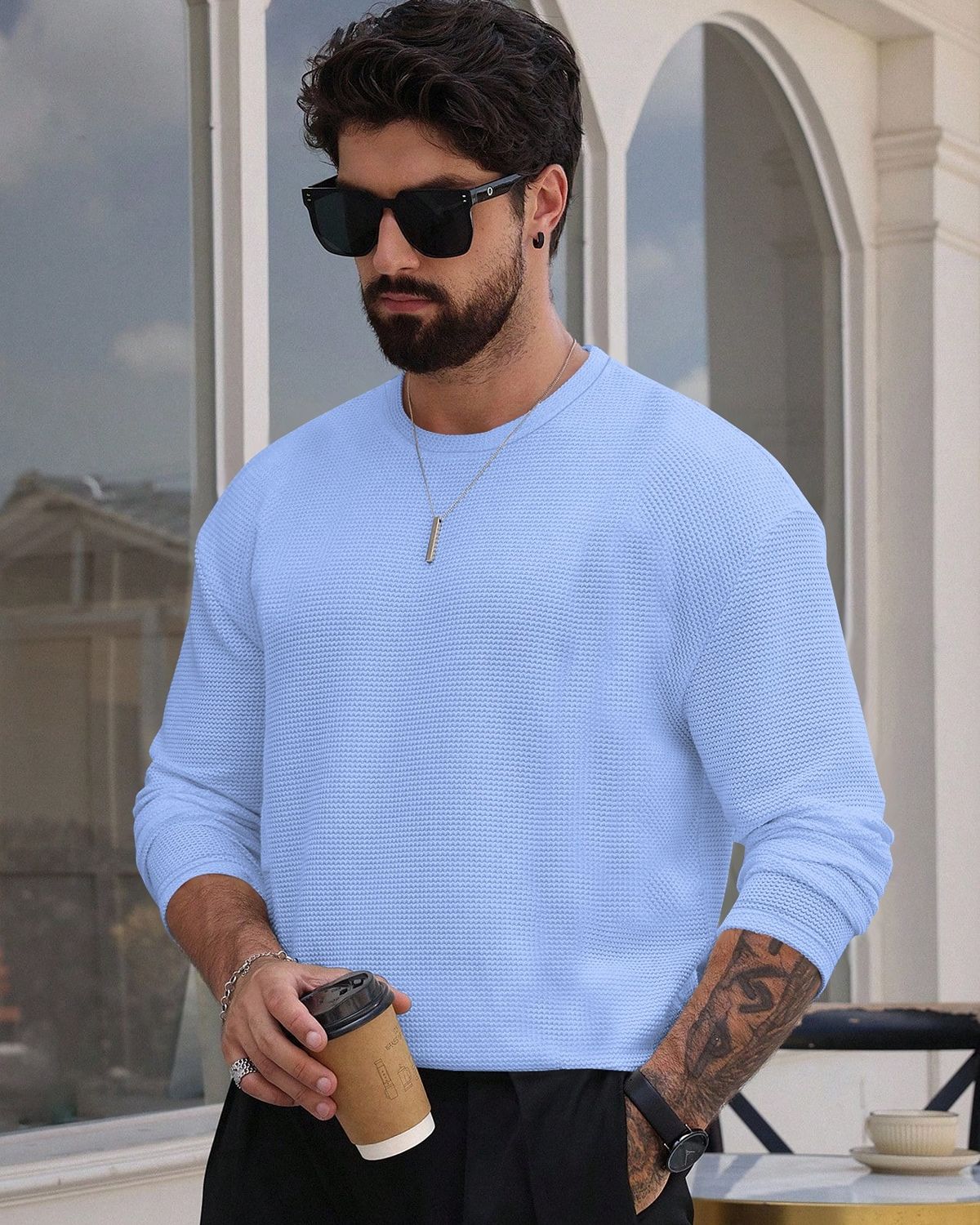 FINGERCROS Men's Premium Waffle Knit Full Sleeve T-Shirt