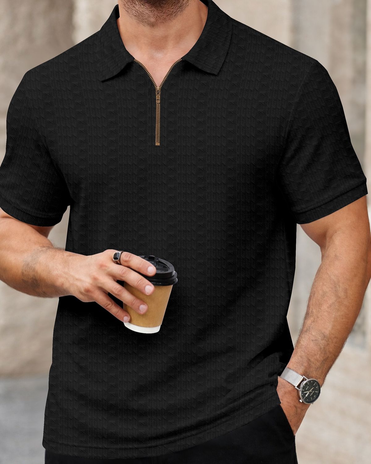 FINGERCROS Men’s Premium Textured Zipper Polo