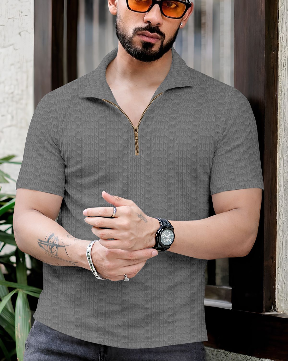 FINGERCROS Men’s Premium Textured Zipper Polo