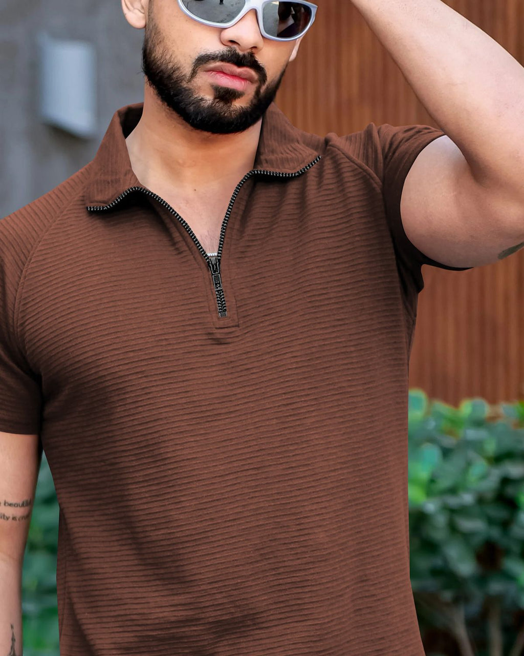 FINGERCROS Men’s Premium Horizontal-Ribbed Quarter-Zip Polo