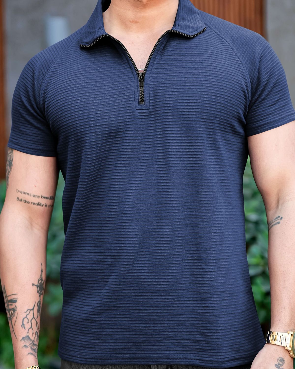 FINGERCROS Men’s Premium Horizontal-Ribbed Quarter-Zip Polo