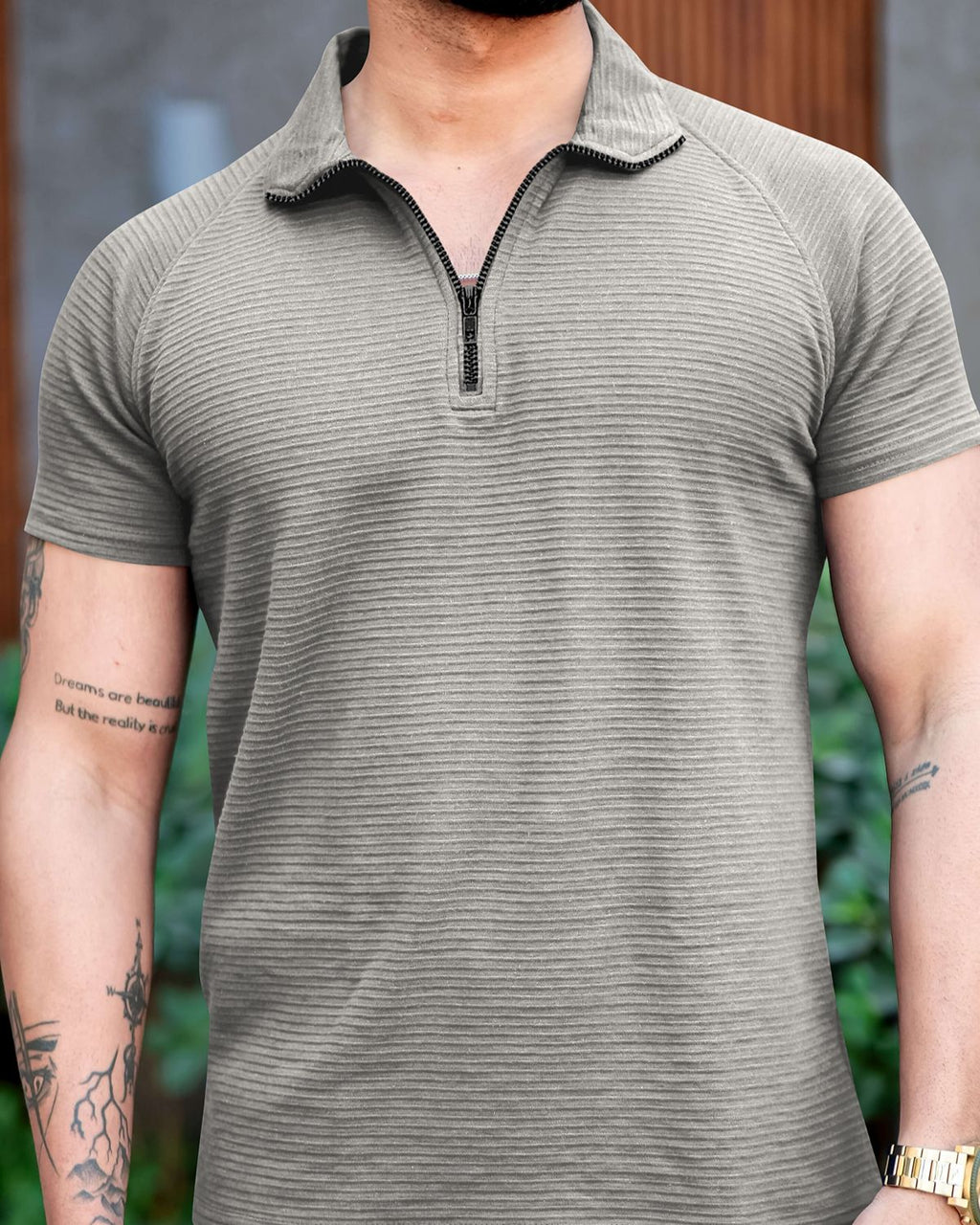 FINGERCROS Men’s Premium Horizontal-Ribbed Quarter-Zip Polo