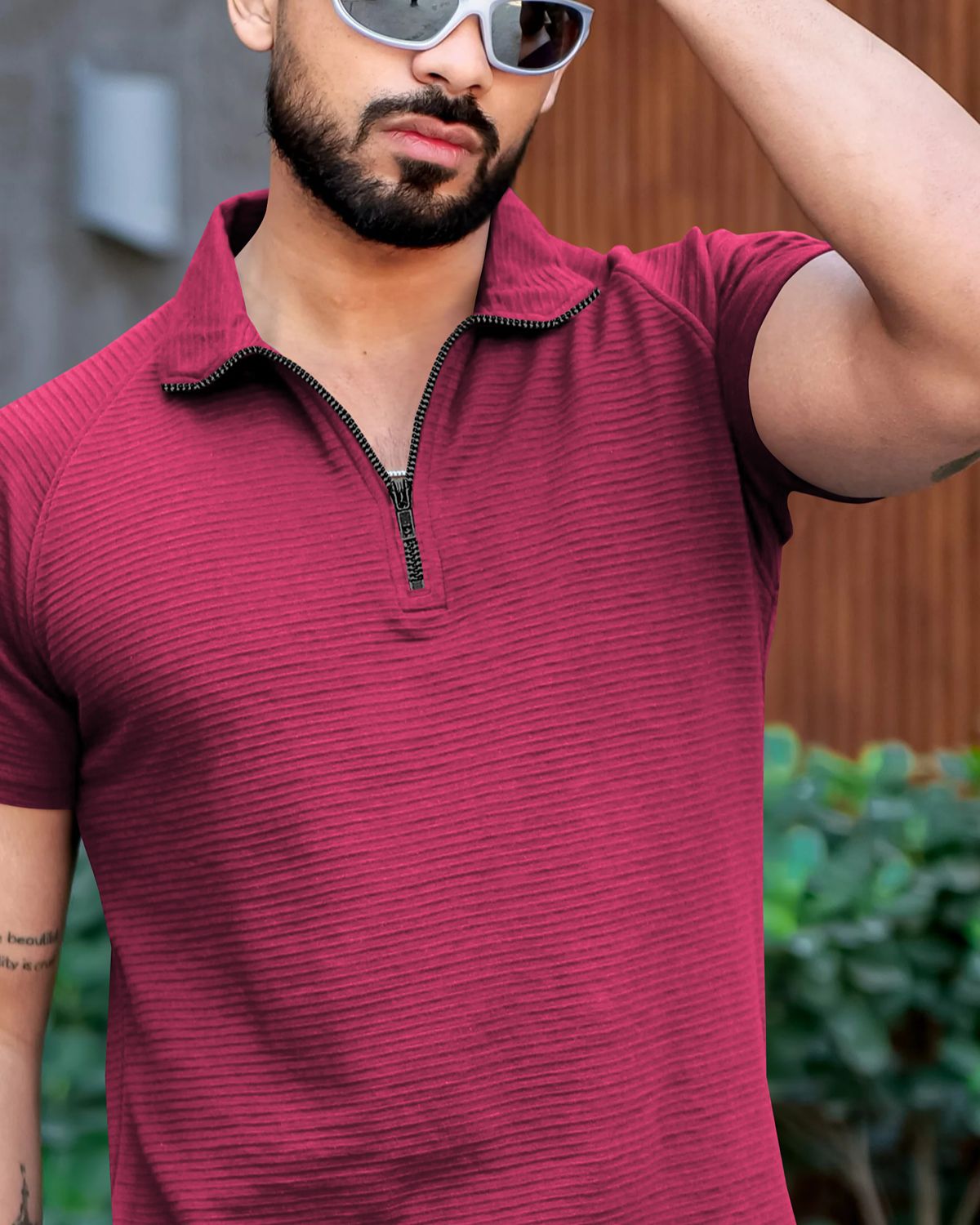 FINGERCROS Men’s Premium Horizontal-Ribbed Quarter-Zip Polo