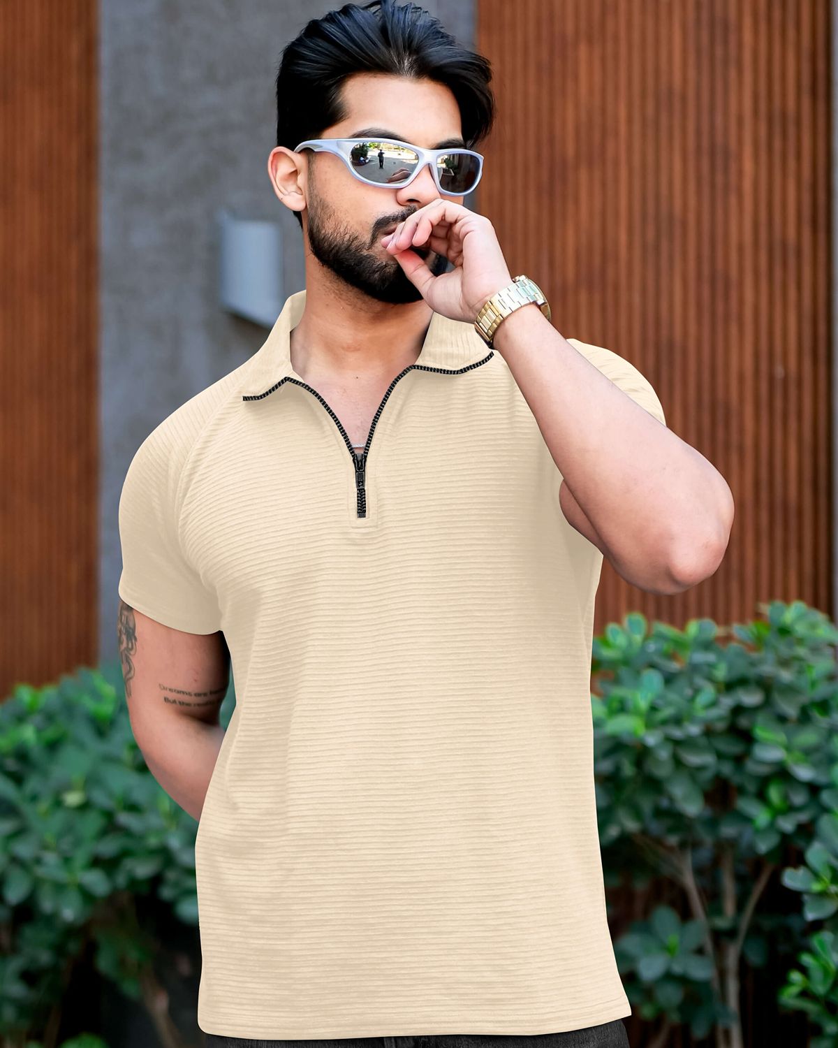 FINGERCROS Men’s Premium Horizontal-Ribbed Quarter-Zip Polo