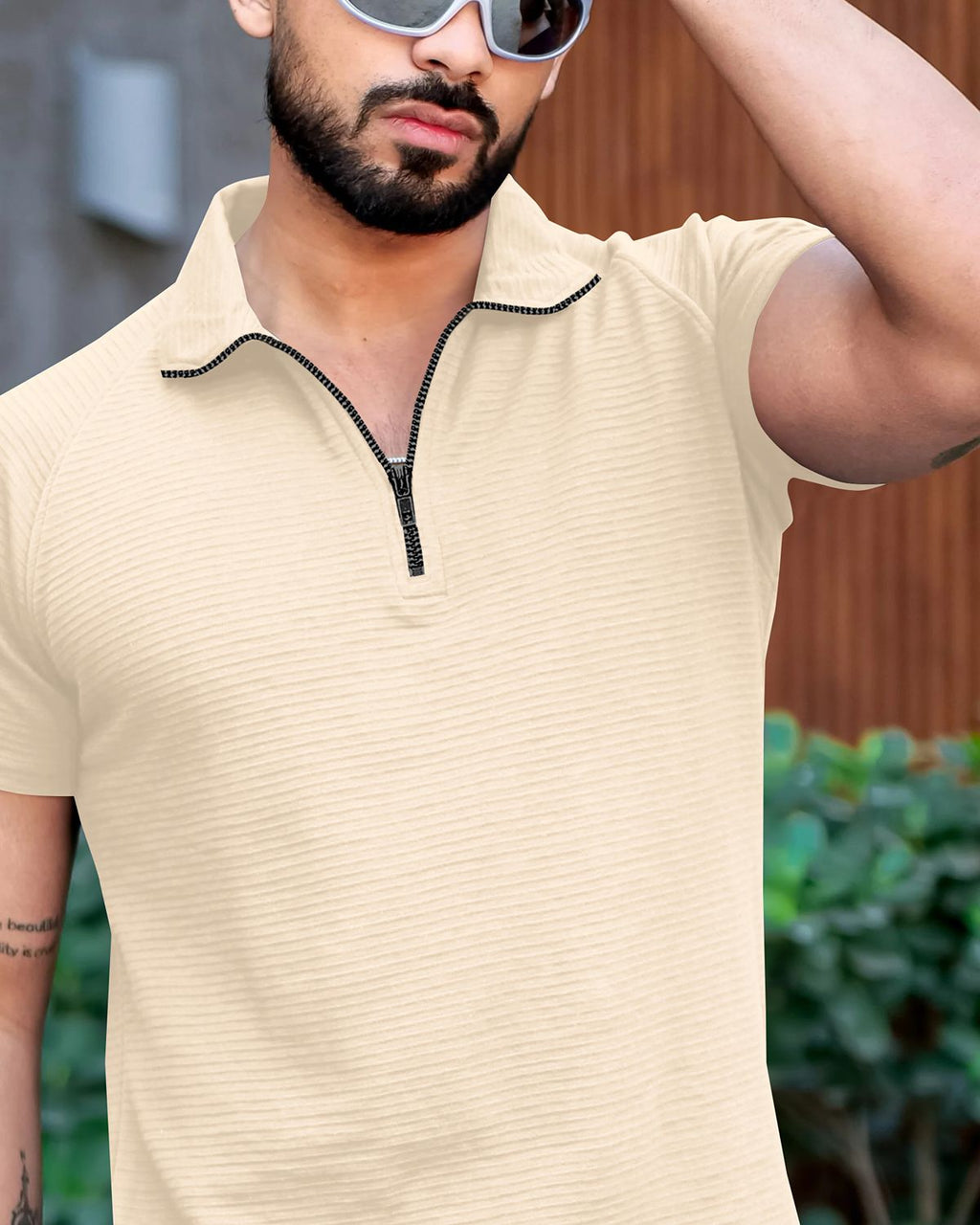 FINGERCROS Men’s Premium Horizontal-Ribbed Quarter-Zip Polo