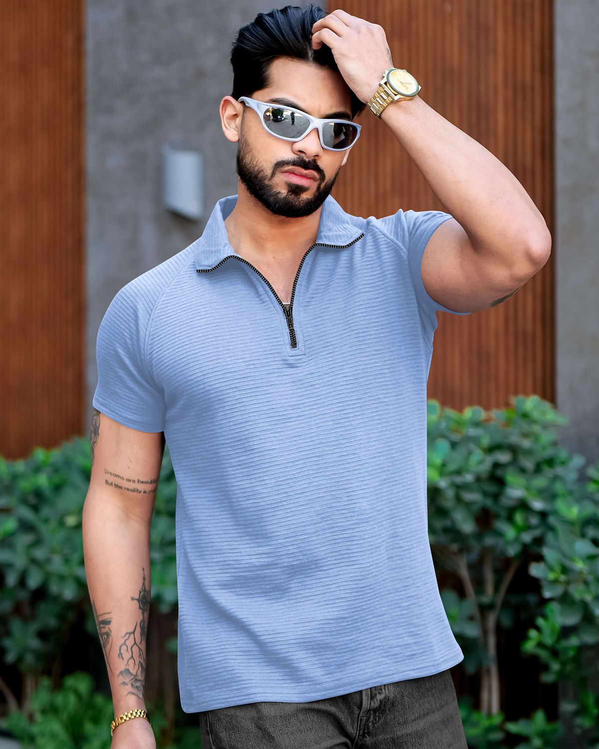 FINGERCROS Men’s Premium Horizontal-Ribbed Quarter-Zip Polo