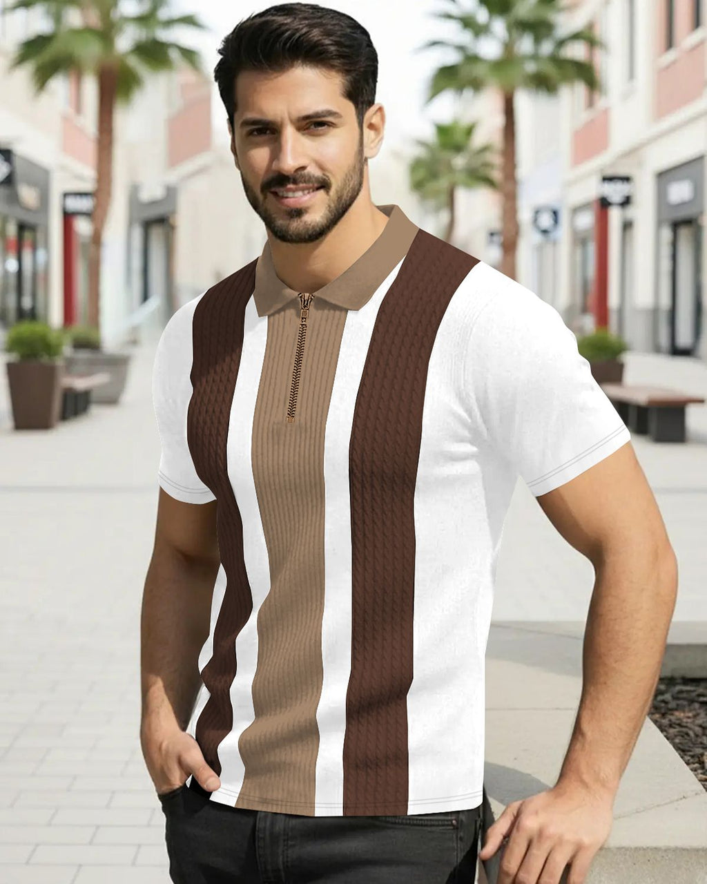 Men’s Luxury Vertical-Striped Quarter-Zip Polo Shirt