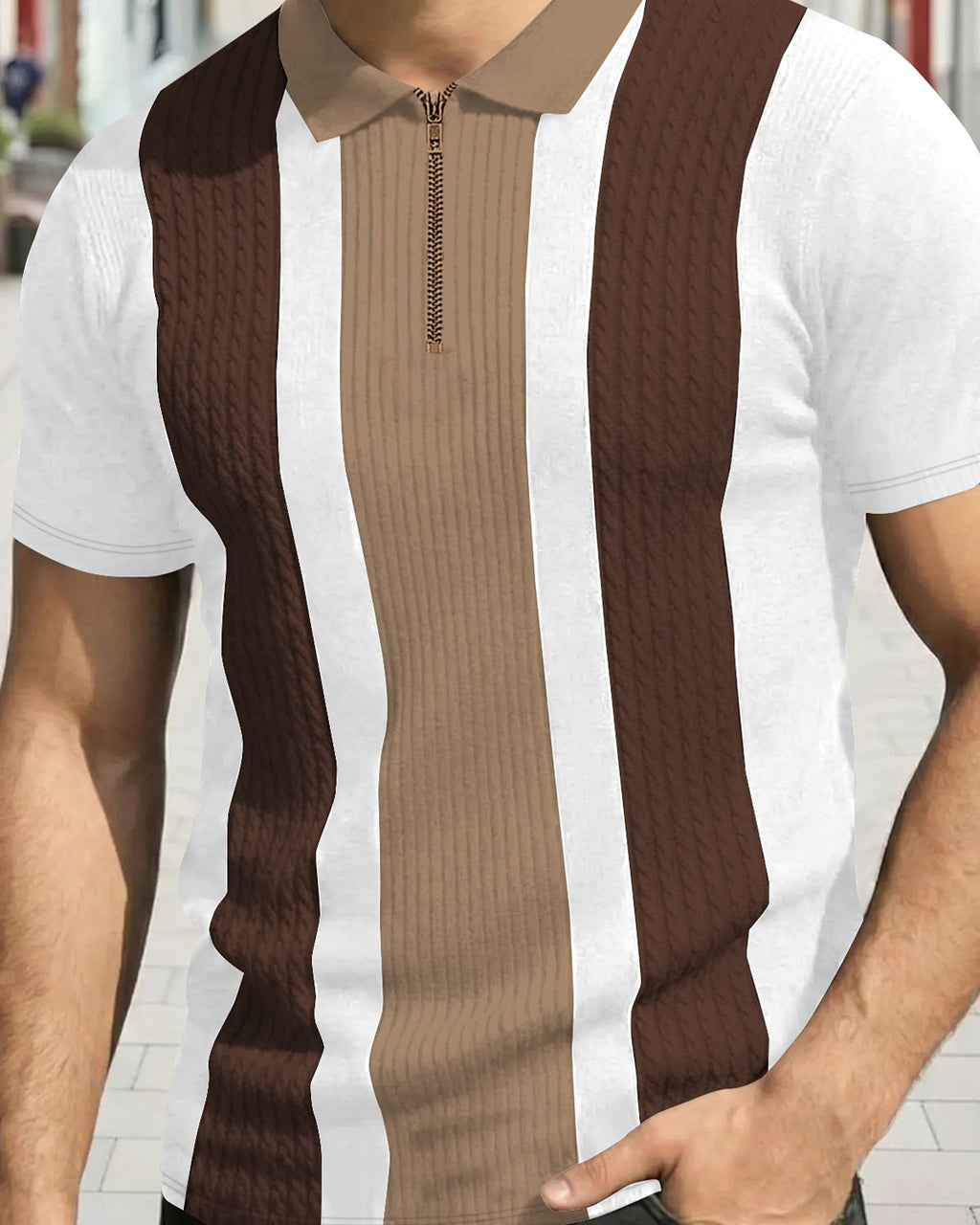 Men’s Luxury Vertical-Striped Quarter-Zip Polo Shirt