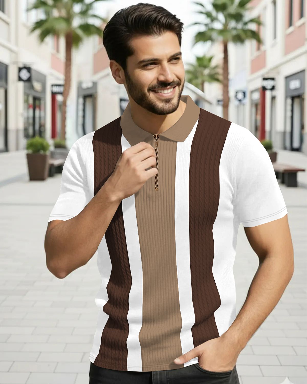 Men’s Luxury Vertical-Striped Quarter-Zip Polo Shirt