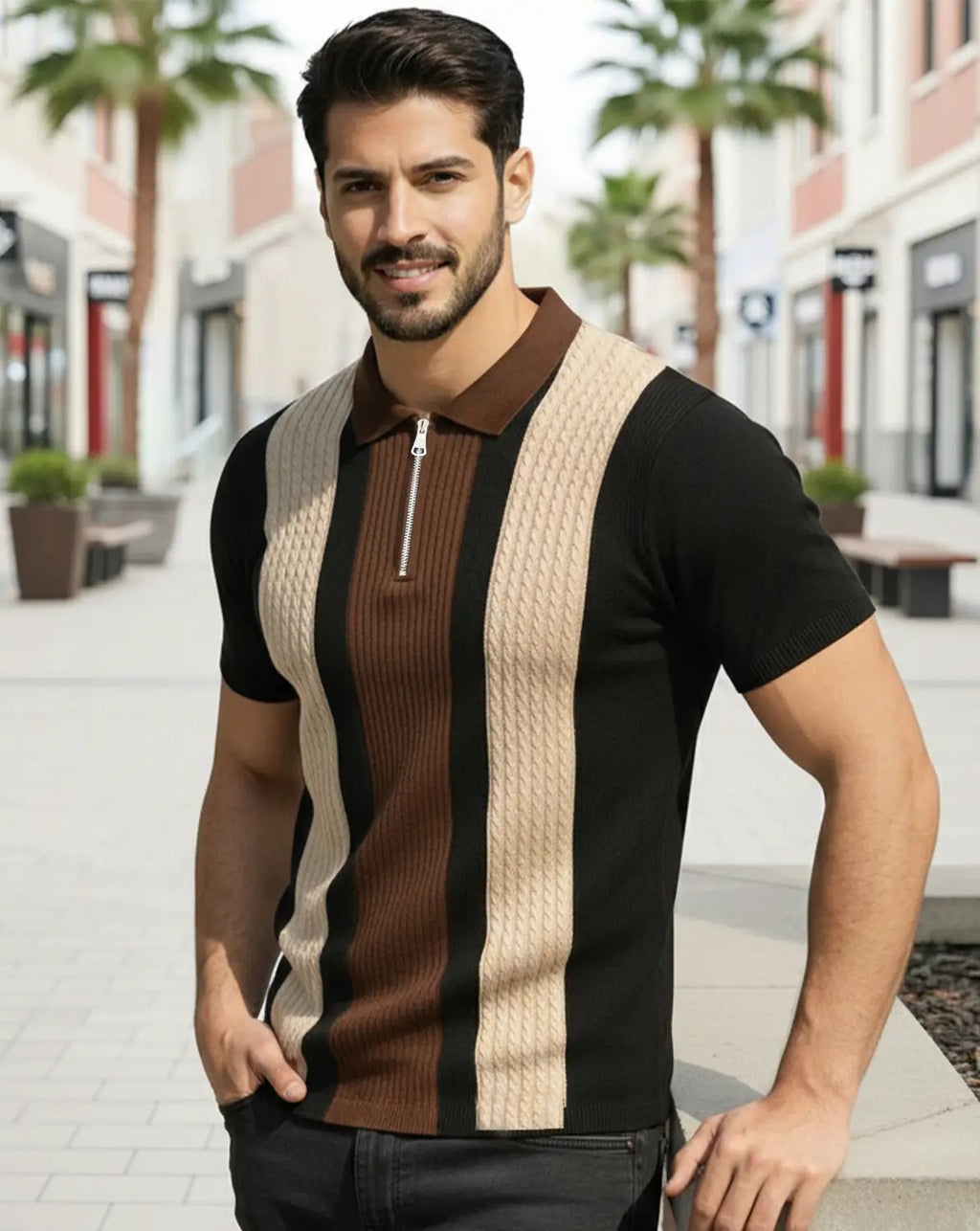 Men’s Luxury Vertical-Striped Quarter-Zip Polo Shirt
