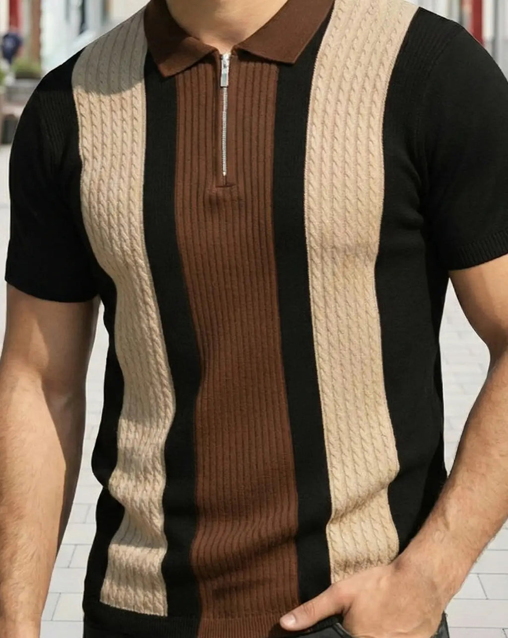 Men’s Luxury Vertical-Striped Quarter-Zip Polo Shirt