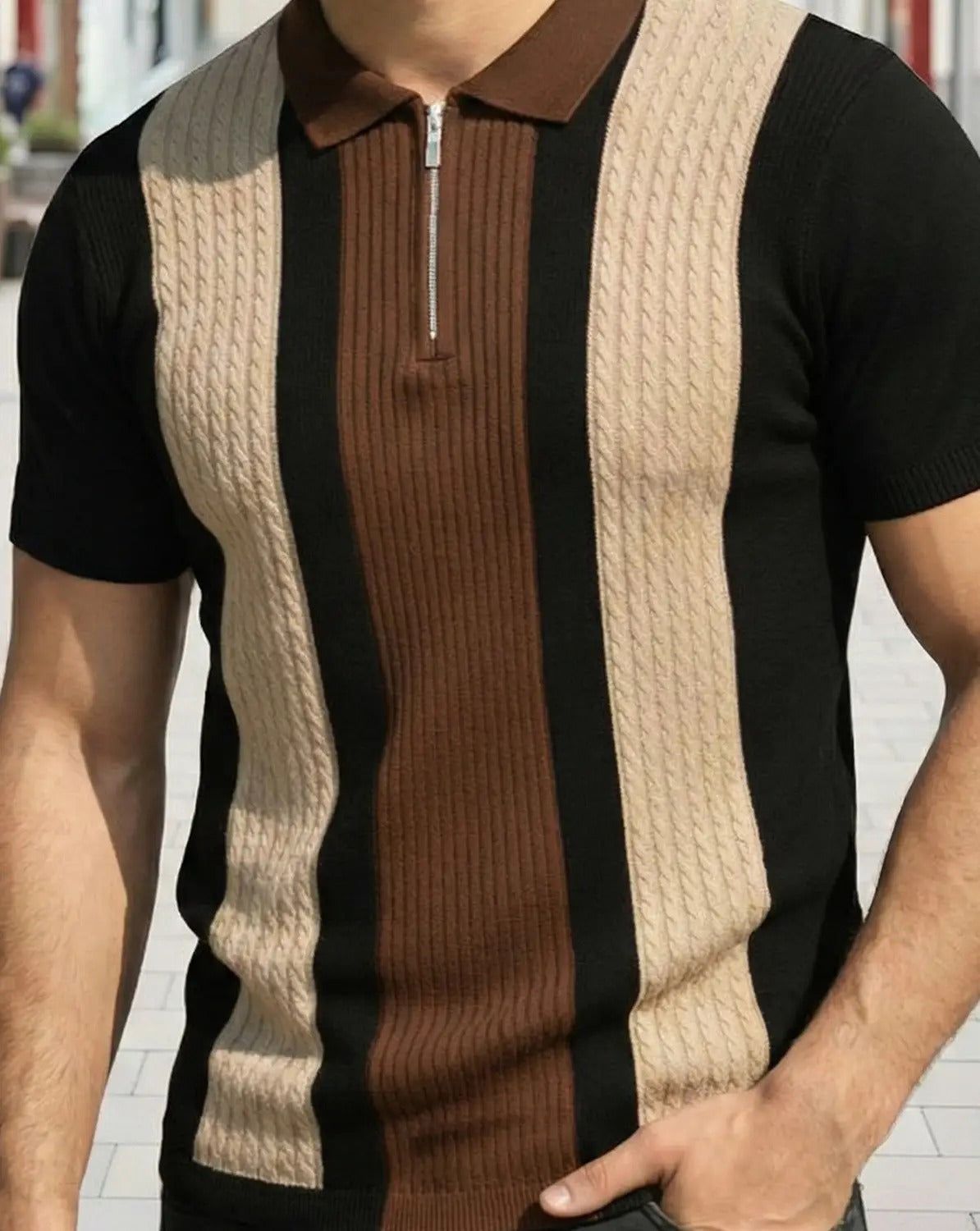 Men’s Luxury Vertical-Striped Quarter-Zip Polo Shirt