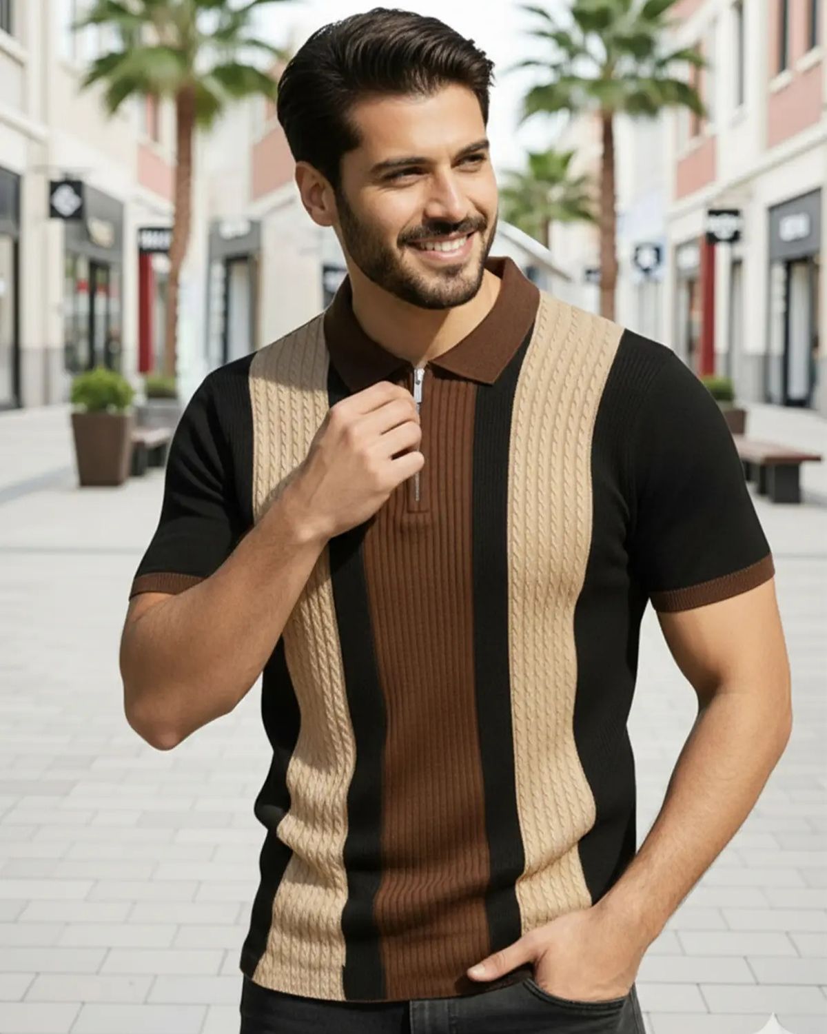 Men’s Luxury Vertical-Striped Quarter-Zip Polo Shirt