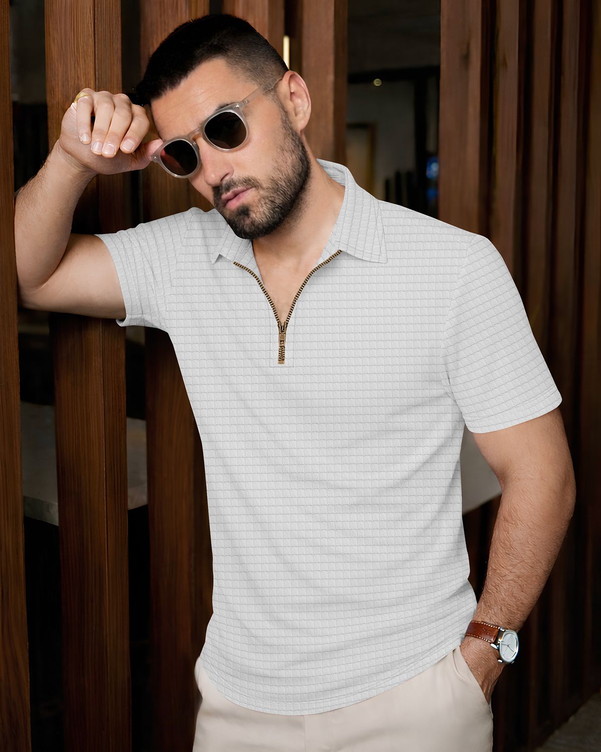 Men’s Premium Textured Grid Quarter-Zip Polo T-Shirt